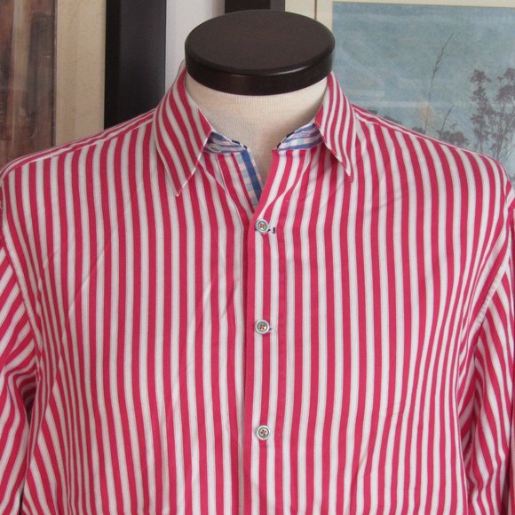 Robert Graham X Red White Stripes Contrasting Cuffs Collar Men's Shirt Sz L Read - Picture 3 of 15